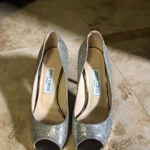 Jimmy Choo Gold Sparkle Peeptoe Pumps